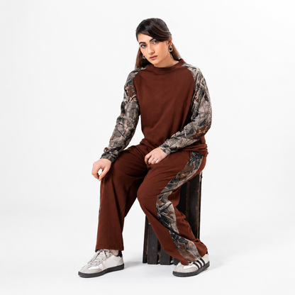 Women Co-ord Set - Raglan Sleeve Shirt with Loose Trouser - Brown