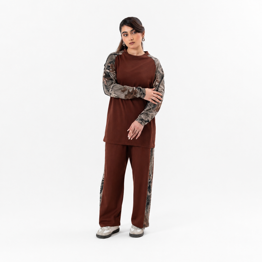 Women Co-ord Set - Raglan Sleeve Shirt with Loose Trouser - Brown