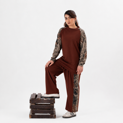 Women Co-ord Set - Raglan Sleeve Shirt with Loose Trouser - Brown