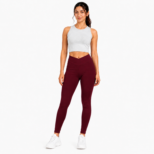 Women Basic Cross Belt Performance Leggings - Maroon